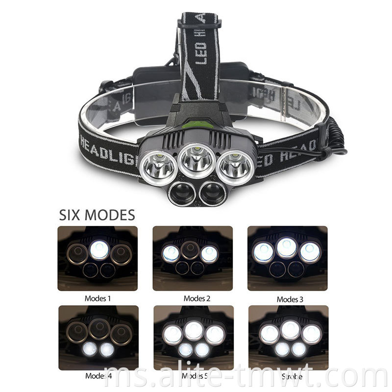 Aluminium berkualiti tinggi 1800 Lumen boleh dicas semula 5LED HEADLAMP BRIGHTEST 18650 3*T6+2*R2 LED LED